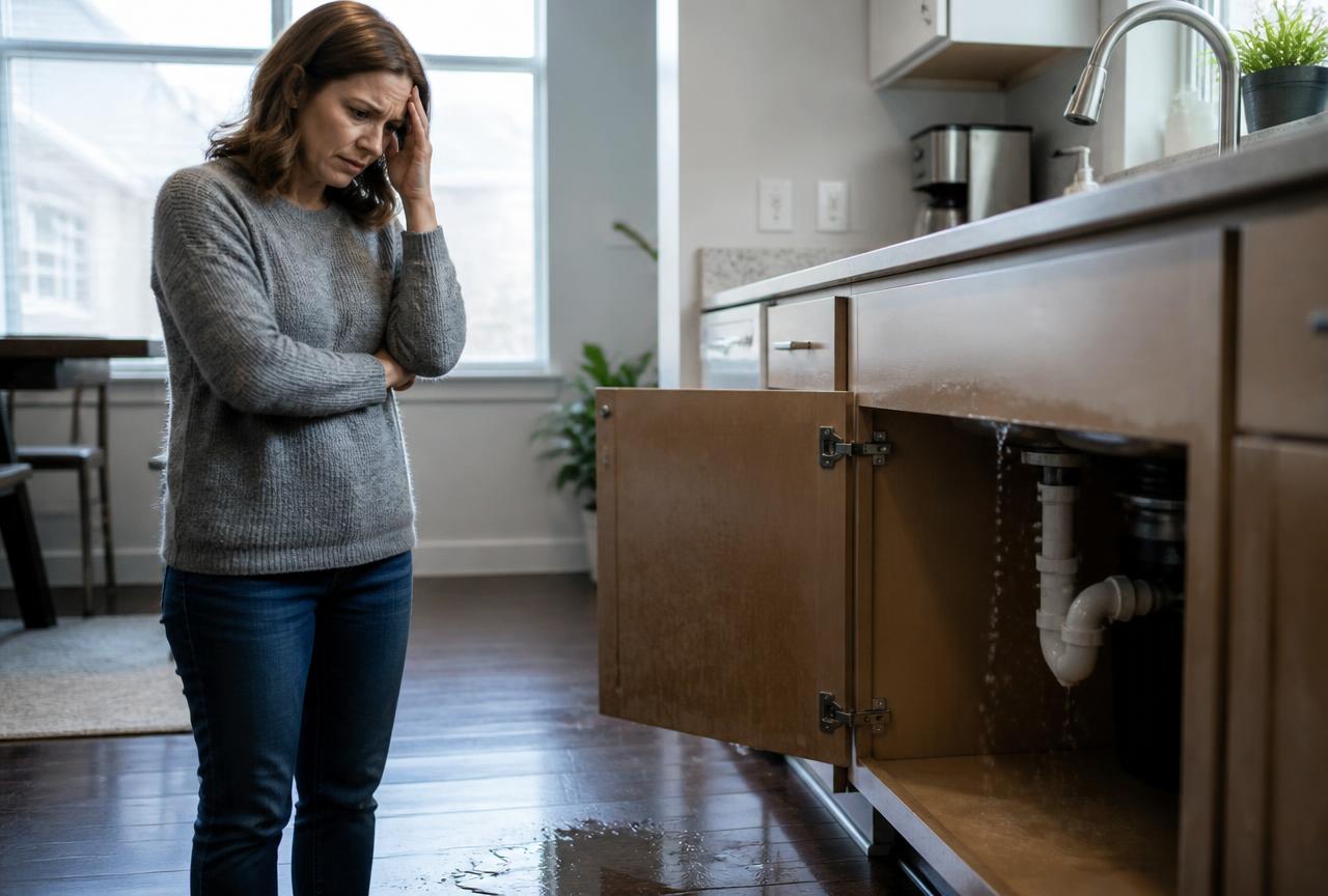 Stressed homeowner dealing with a plumbing emergency under a kitchen sink